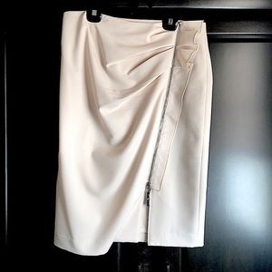 Midi pencil  skirt with flounce ruching, and exposed zipper details